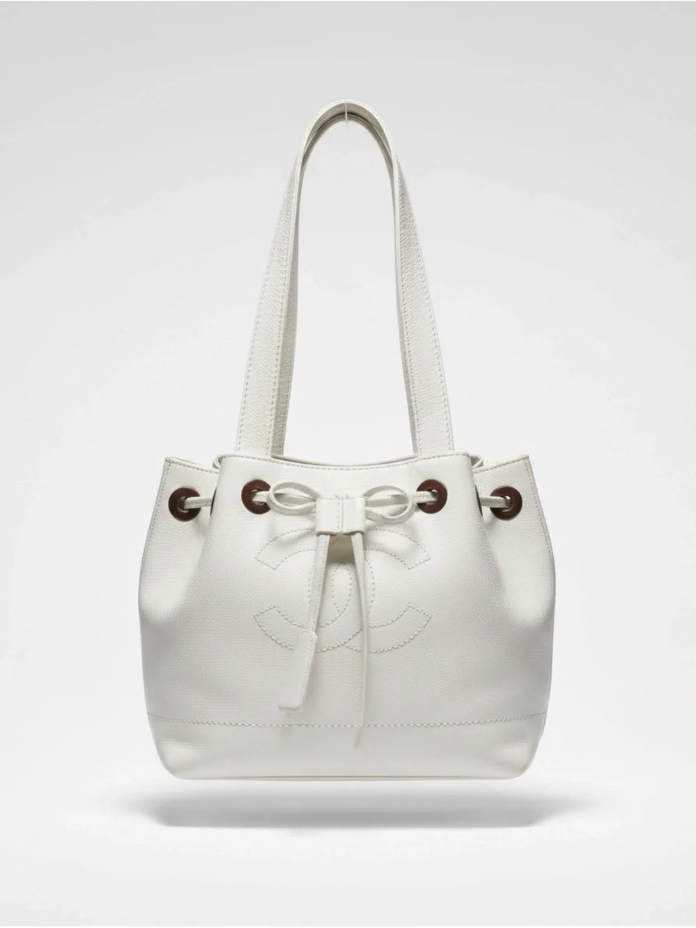 CHANEL Vintage White Caviar Leather CC Drawstring Tote Shoulder Bag 9.5”